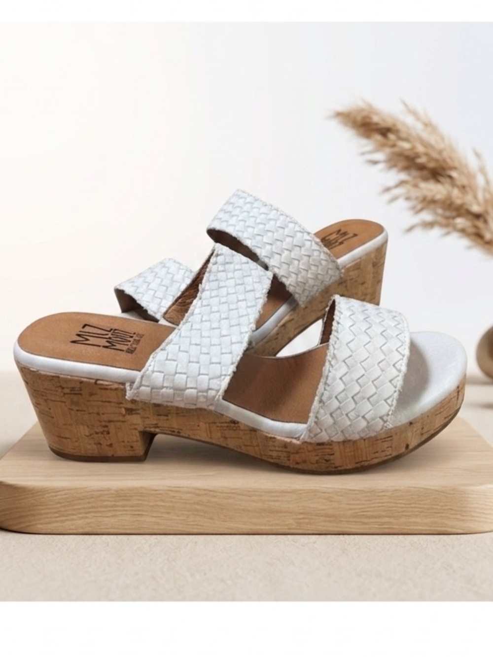 Miz Mooz GENNA White Woven Leather Chunky Cork Platform Slide Sandals 40W/9-9.5W